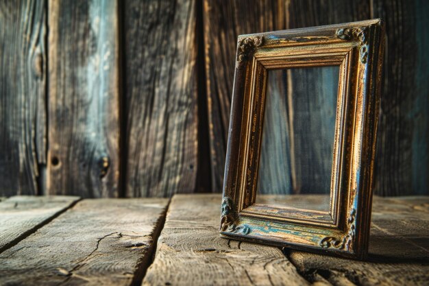 Photo rustic wooden photo frame standing on old table with vintage charm