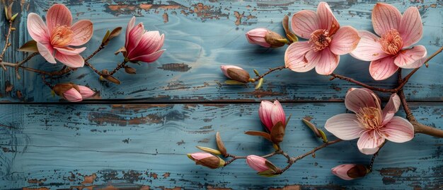 Photo on a rustic wooden plank background magnolia flowers with orchids are arranged on