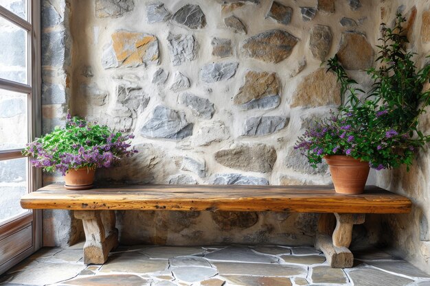 Rustic wooden seat next to a wall of natural stone cladding