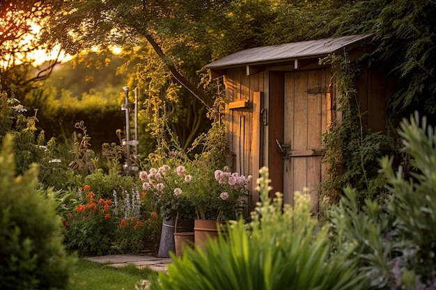 a rustic wooden shed nestled in the midst of a lush and flourishing garden