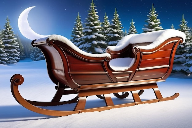 Photo rustic wooden sleigh under crescent moon and snowy pine tree