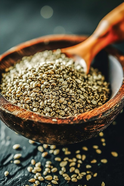 A rustic wooden spoon scoops up a handful of wholesome hemp seeds nutritious superfood