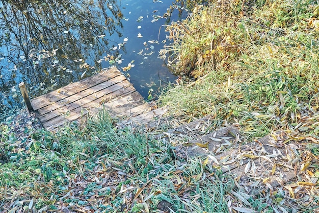 寒い秋の朝、土手に霧氷で覆われた緑の草で狭い川を落ち着かせる素朴な木の階段