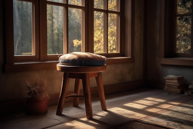 A rustic wooden stool with a plush cushion