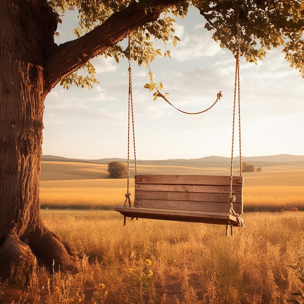 Photo a rustic wooden swing hanging from a sturdy oak tree overlooking a field of swaying wheat