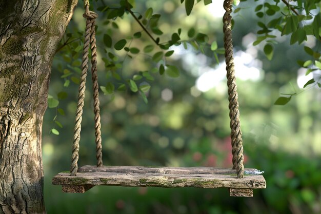 A rustic wooden swing hanging from a sturdy tree b