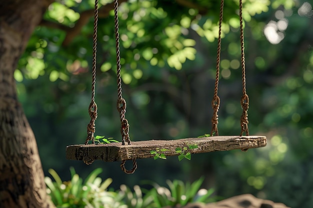 A rustic wooden swing hanging from a tree