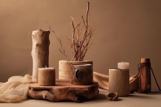 Rustic wooden table adorned with candles and a vase Generative AI