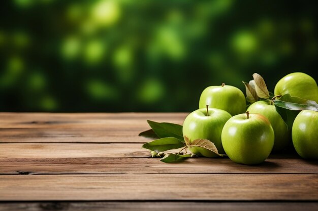 Photo rustic wooden table adorned with fresh green apples and fruits generative ai