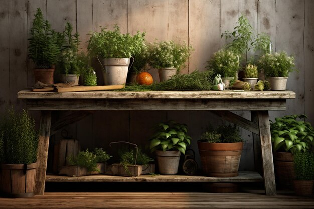 Rustic wooden table adorned with potted herbs and 00554 01