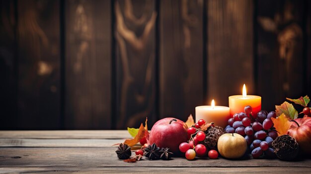 Rustic wooden table adorned with seasonal fruits