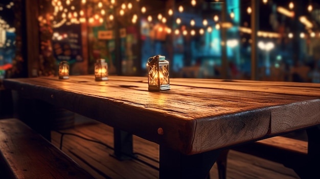 Rustic wooden table amidst dreamy restaurant lights