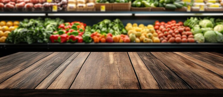 Photo rustic wooden table in front of fresh produce display in grocery store