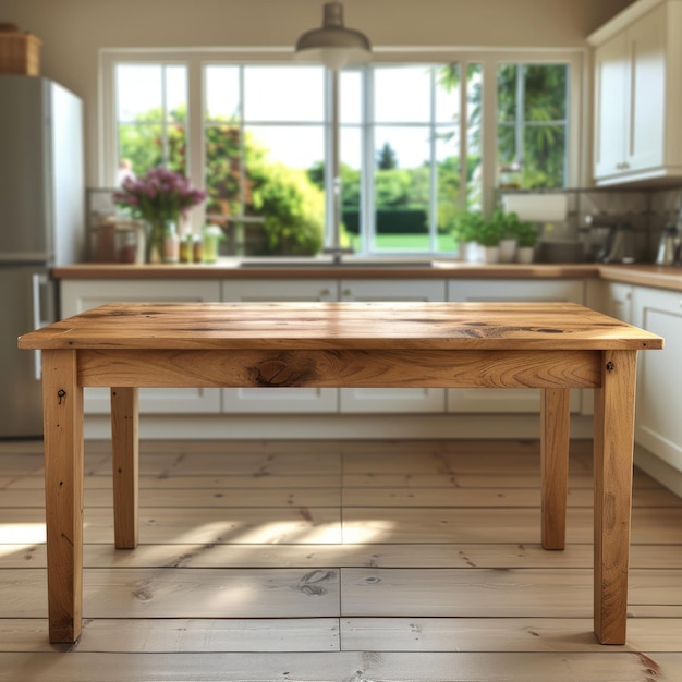 Rustic wooden table in a modern kitchen