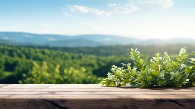 Photo a rustic wooden table nestled in a sunlit meadow with lush green grass