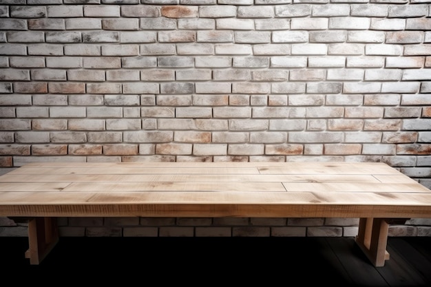 Rustic wooden table set against a textured brick wall Generative AI