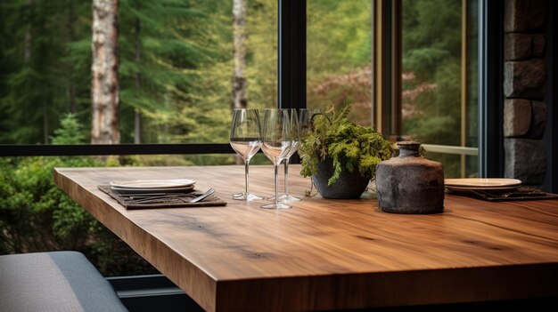 Rustic wooden table set for dinner in a modern home with a view of the forest