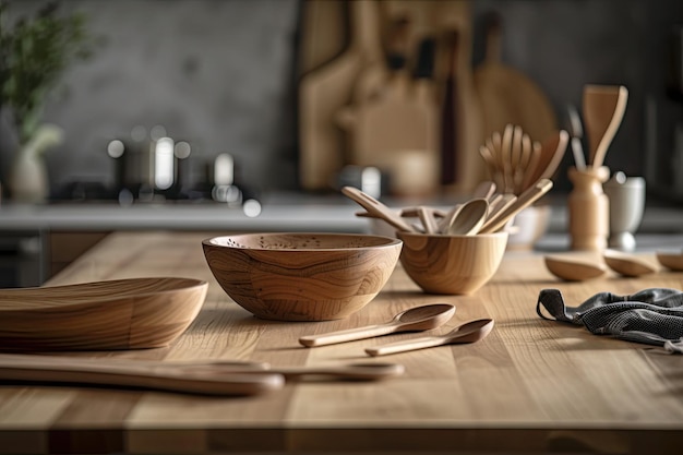 Rustic wooden table set with bowls and utensils Generative AI