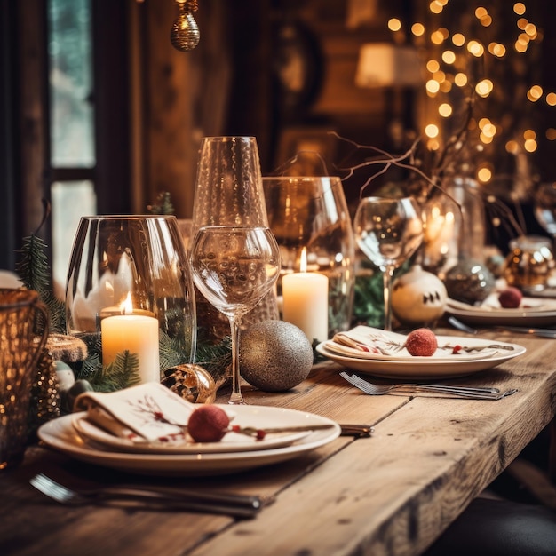 Rustic wooden table setting with festive accents