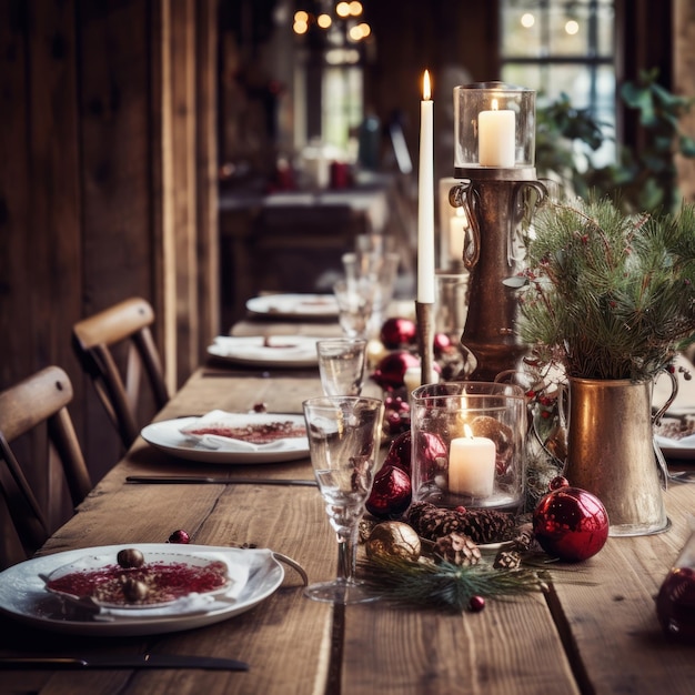 Rustic wooden table setting with festive accents