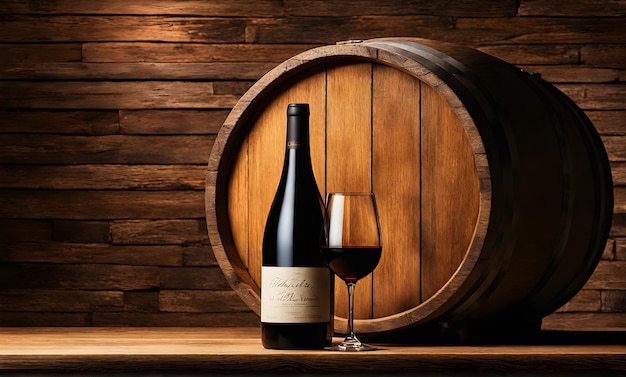 Rustic wooden table with bottle of wine and glass