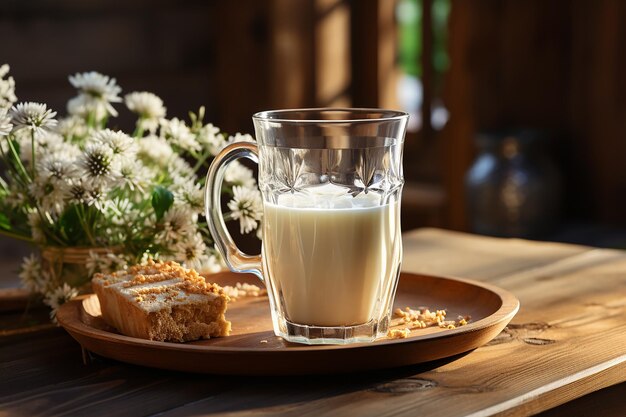 写真 牛乳 と 牛 を 持っ て いる 田舎 の 木製 の テーブル