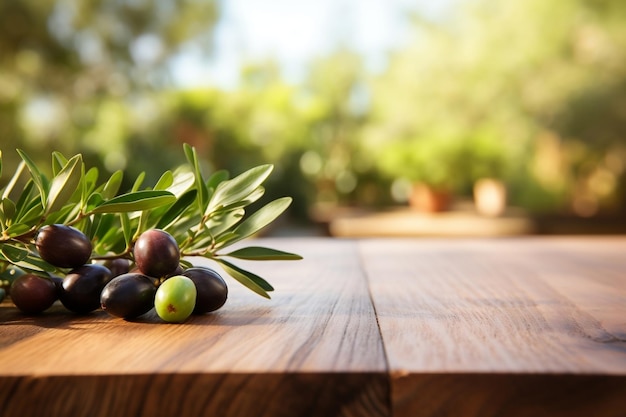 Rustic Wooden Table with Olives Fruits and Empty Space Generative AI