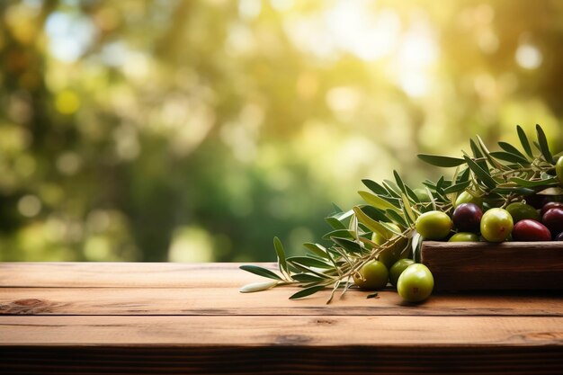 Foto tavolo rustico in legno con frutti di olive e intelligenza artificiale generativa dello spazio vuoto