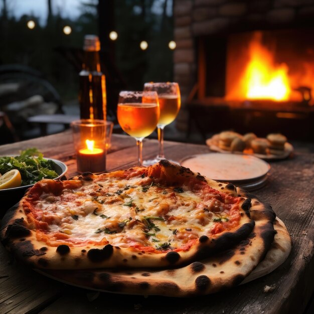 Rustic wooden table with pizza Margarita with fire in the back owen generative ai