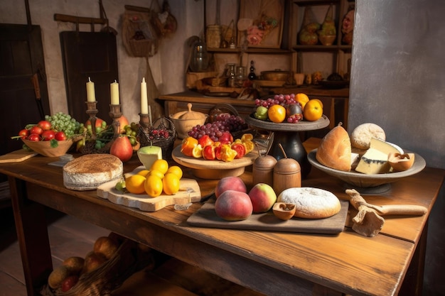 A rustic wooden table with a selection of cheeses fruits and breads created with generative ai