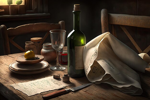 A rustic wooden table with a stack of napkins and a bottle of wine in the center