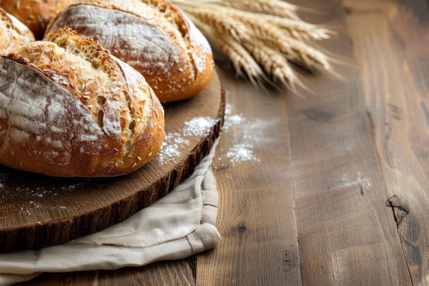 新しく焼いたパンが付いた田舎風の木製のテーブルトップはテキストを表示するのに最適です