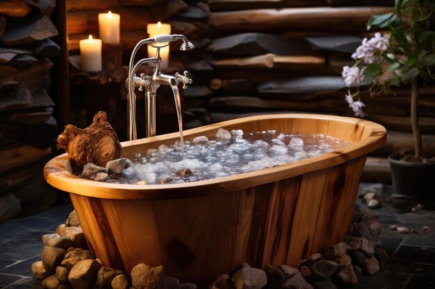 水晶 の 清い 浴水 で 満たさ れ て いる 田舎 の 木製 の 浴槽