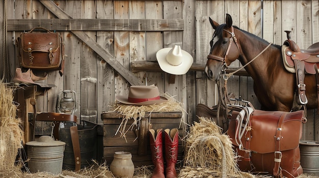 Photo rustica escena del granero con caballo marron silla de montar botas sombreros y otros equipos