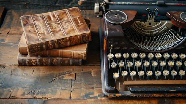 Photo rustica mesa de madera con libros antiguos y una maquina de escribir retro