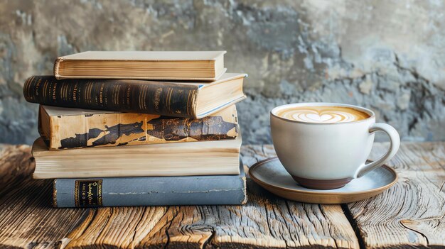 Photo rustica mesa de madera con una pila de libros antiguos y una taza de cafe con leche sobre ella