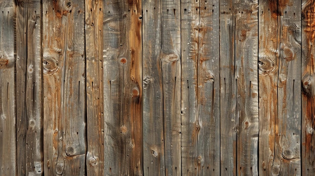 Rustica valla de madera con tablones verticales desgastados y nudos La madera es de color marron oscuro con vetas mas claras