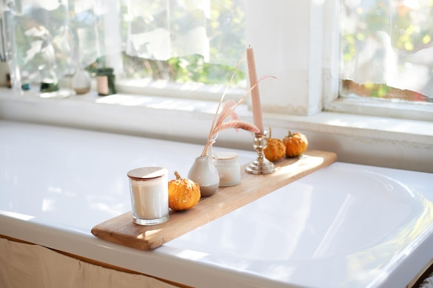 Rusticstyle bathroom with large window Candle stand