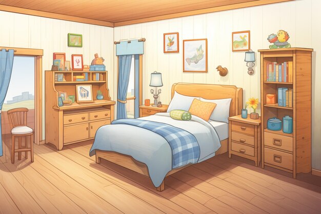 Rusticstyle guest bedroom with wooden furnishings magazine style illustration