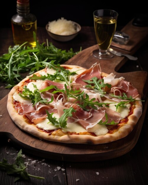 Photo a rusticstyle pizza captured from an aerial perspective revealing a light and airy thin crust adorned with creamy white mozzarella and delicate paperthin slices of salted prosciutto while