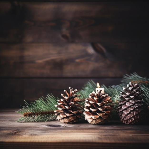 Rustiek hout en dennenappels Gezellig natuurlijk en feestelijk met kopieerruimte