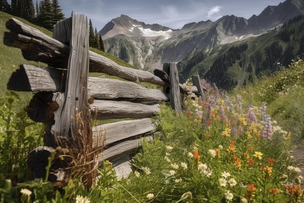 Rustiek houten hek met klimplanten en wilde bloemen tegen een bergachtige achtergrond