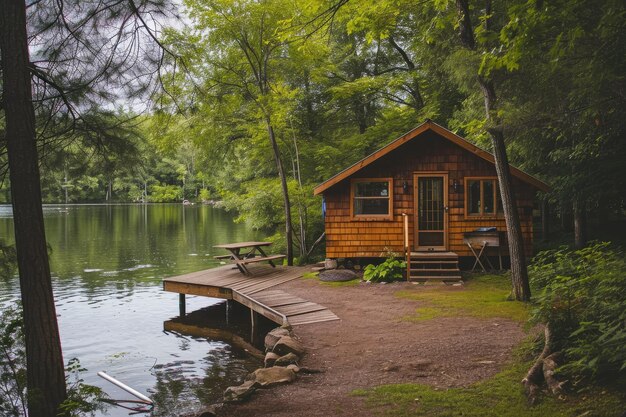 Rustiek huisje aan het meer Houten huis in het bos