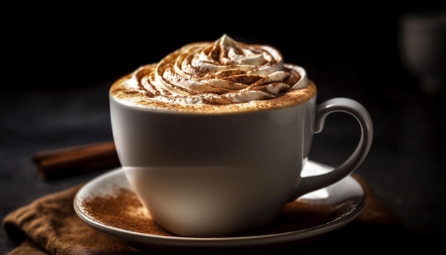 Rustiek koffiekopje met schuimige mokka- en slagroomdecoratie gegenereerd door kunstmatige intelligentie