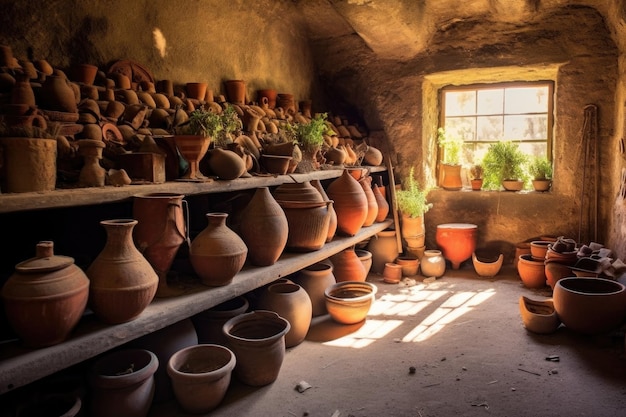 Rustiek oud aardewerk in een archeologische omgeving gemaakt met generatieve AI