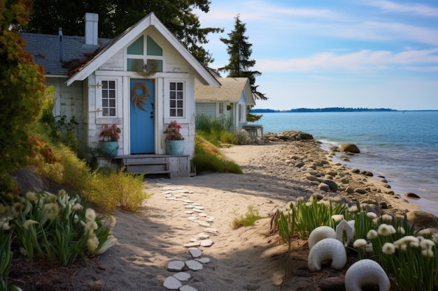Foto rustiek strandhuisje met schelpenpad en ankers