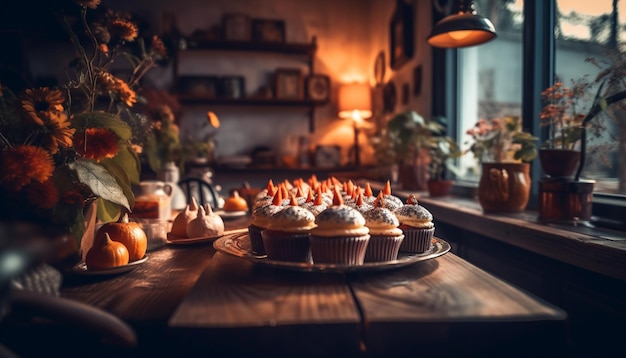 Rustiek tafeldecor, zelfgemaakte pompoencupcakes, verwennerij gegenereerd door kunstmatige intelligentie