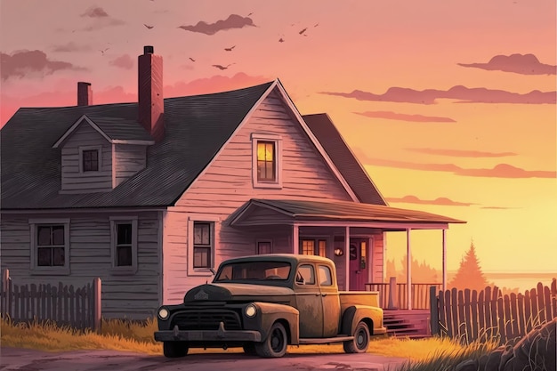 Rustiek uitzicht met vintage pick-up truck en oud huis onder kleurrijke hemel Fantasy concept Illustratie schilderij Generatieve AI