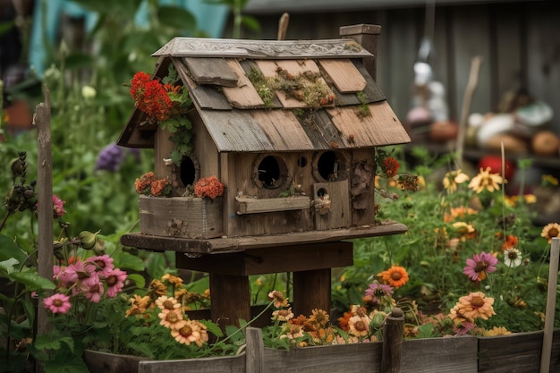 Foto rustiek vogelhuis omgeven door bloeiende bloemen en verse voederbakken gemaakt met generatieve ai