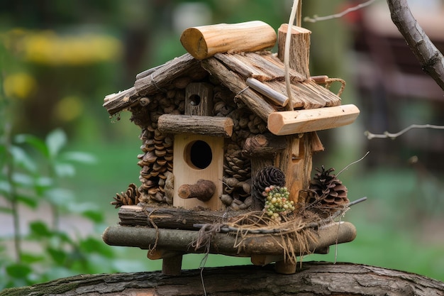 Rustiek vogelhuisje met natuurlijke takjesversiering en eekhoornvoeder gemaakt met generatieve AI